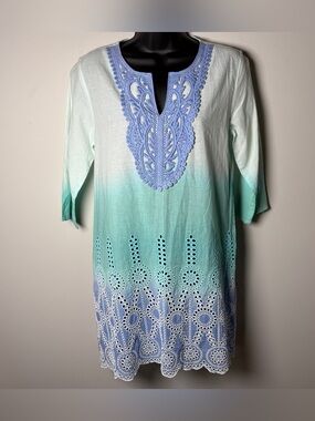 Maude Vivante Ombre Linen Tunic Dress Eyelet Border Embroidered Neckline Small
